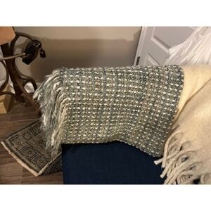 Kennebunk Weavers Woven Throw Blanket Sage Green Blue Cream Fringe Made in USA